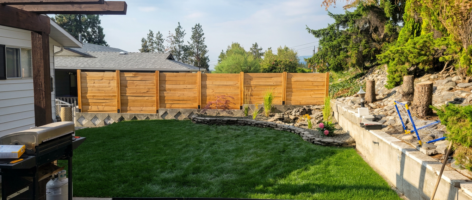 Finished backyard with green lawn, cedar privacy fence, stone garden walls, and new planting
