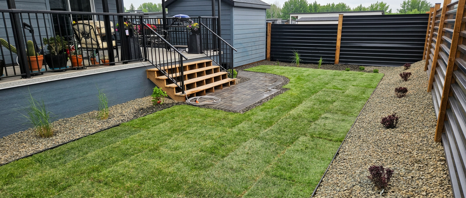 New backyard lawn bordered by decorative rock, planted beds, and a curved paver walkway